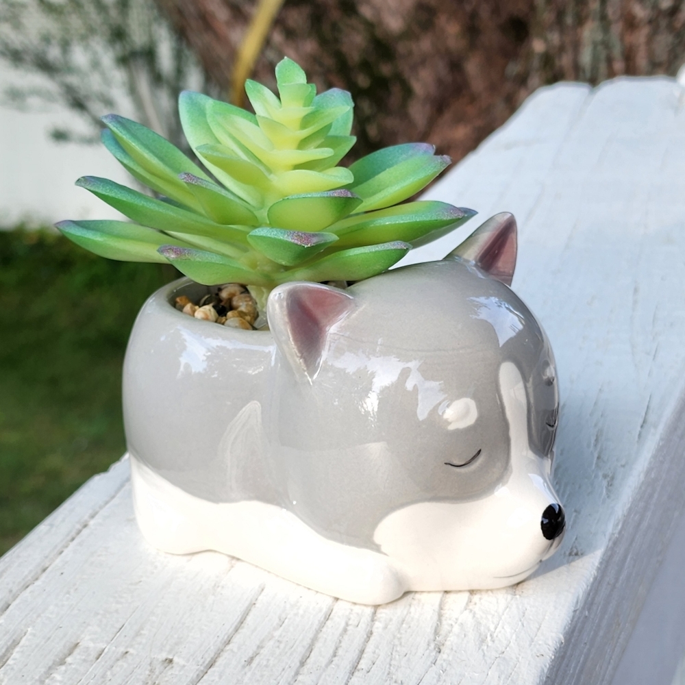 Flora Bunda Gray Puppy Ceramic Planter With Artificial Succulent Flower - Picture 4 of 10